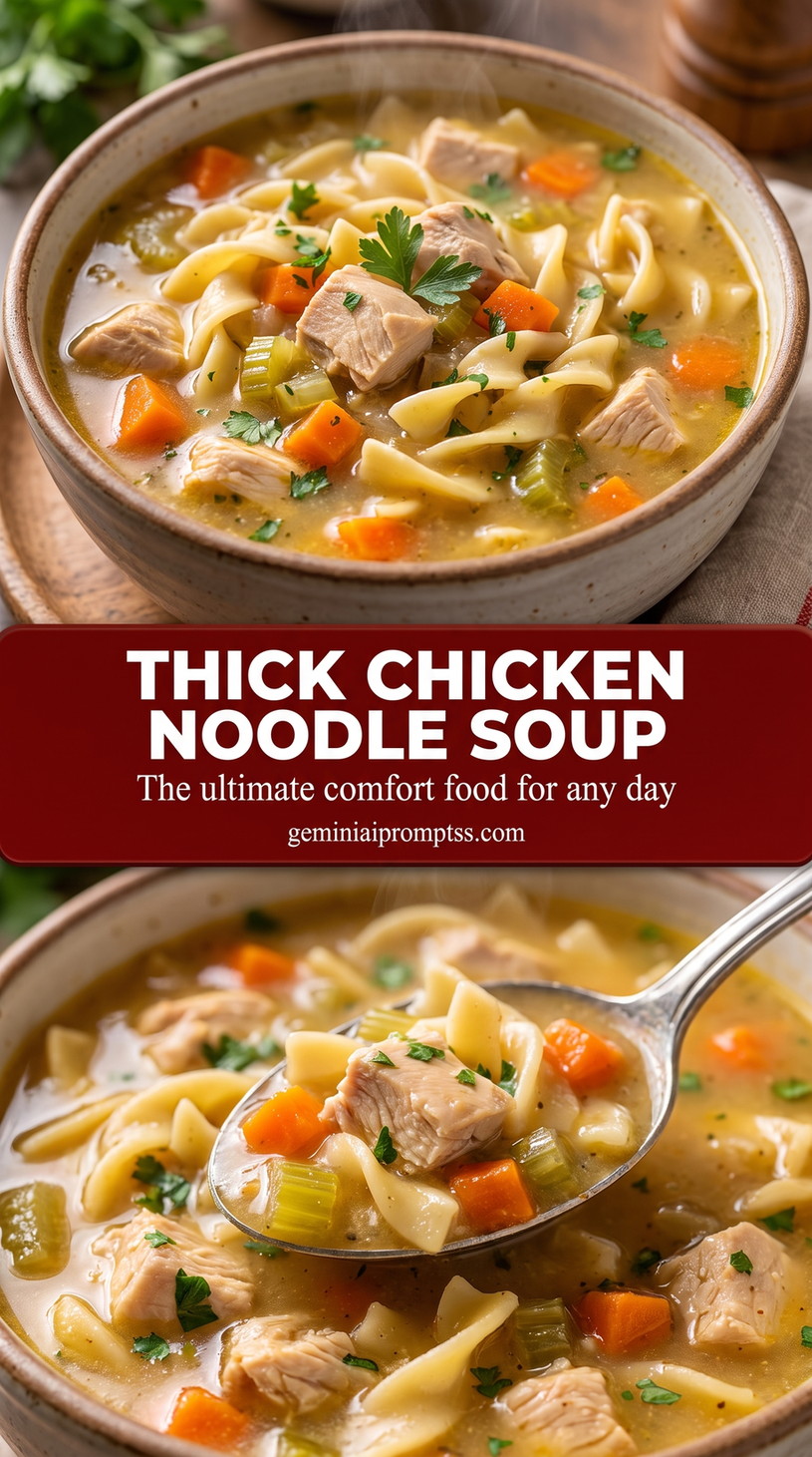 thick chicken noodle soup with potato-thickened broth with carrots, celery, diced potato, and egg noodles