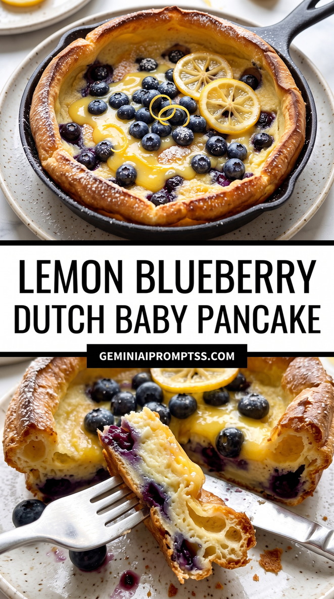 Lemon Blueberry Dutch Baby Pancake showing puffed Dutch baby with blueberries, lemon slices or zest, glossy yellow lemon finish