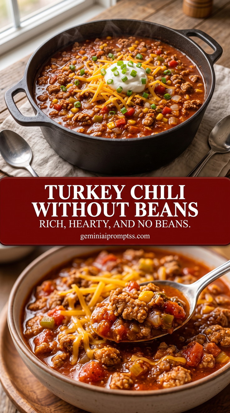 turkey chili without beans with a thick bean-free turkey chili with ground turkey, tomato, corn, peppers, cheddar, sour cream, and green onion