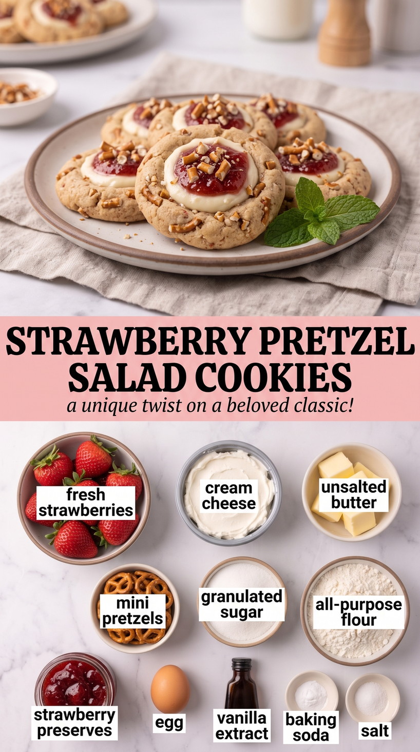 Strawberry Pretzel Salad Cookies with soft strawberry cookies with salty pretzel pieces, cream cheese, fresh berries, and a jammy strawberry center