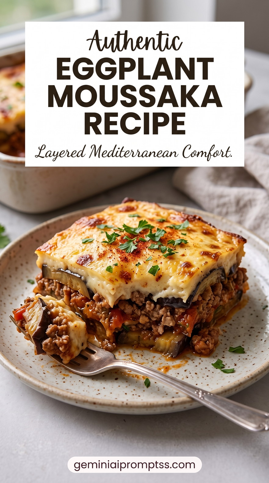 Greek Eggplant Moussaka with Beef and Bechamel showing layered moussaka with eggplant, a browned creamy top, and a minced meat layer