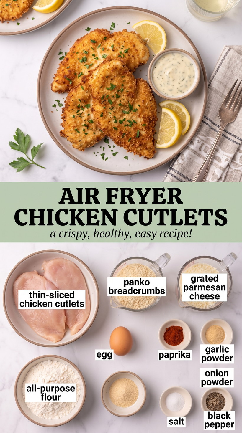 Air Fryer Panko Chicken Cutlets prepared as a finished air fryer chicken cutlet recipe recipe with browned cutlets ready to serve