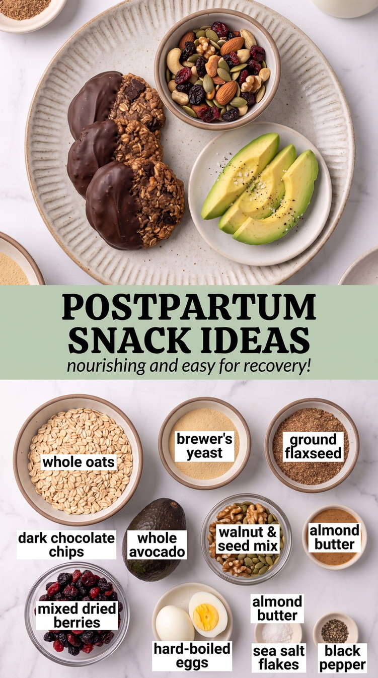 Postpartum Snack Ideas showing a varied postpartum snack plate with oat bites, hard-boiled eggs, avocado, nuts and dried fruit