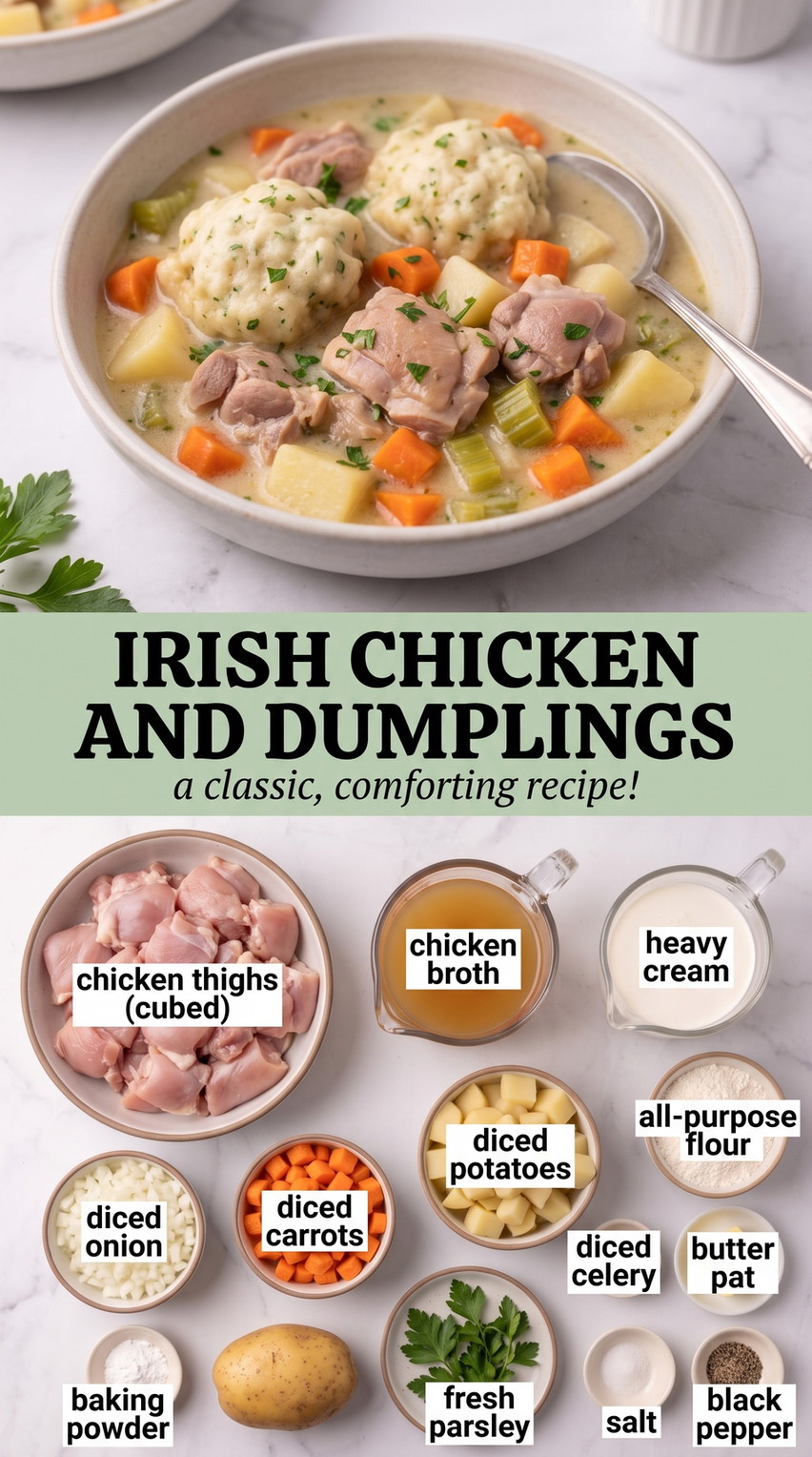 Irish Chicken and Dumplings with chicken and dumplings with potatoes, carrots, celery, cream, and parsley