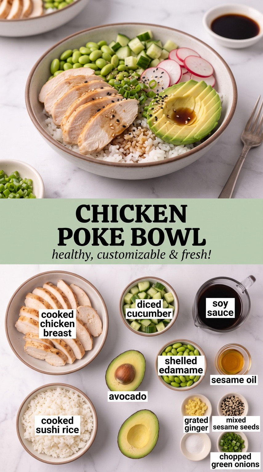 Chicken Poke Bowl showing sliced chicken with rice, avocado, cucumber, edamame, carrots, sesame, and scallions