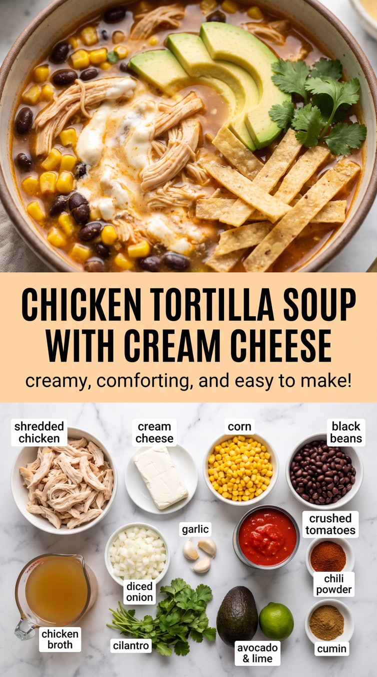 Cream Cheese Chicken Tortilla Soup - a hearty bowl with shredded chicken, beans, corn, tortilla strips, and fresh toppings
