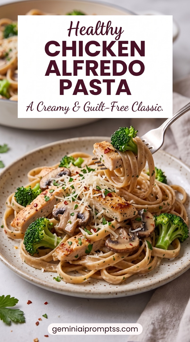 Chicken Alfredo Pasta Healthy with chicken, whole-wheat linguine, a creamy Parmesan sauce, grated cheese, and fresh green herb garnish