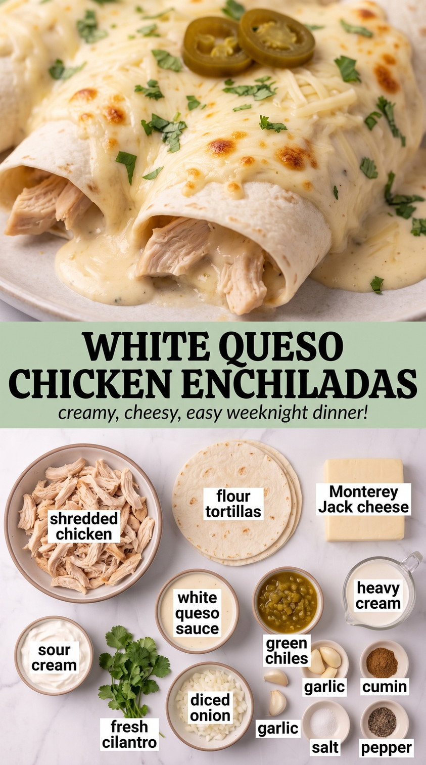 White queso chicken enchiladas showing rolled chicken enchiladas covered with sauce and melted cheese