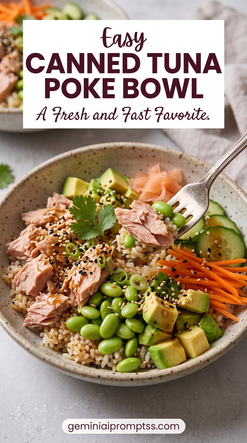 Canned Tuna Poke Bowl showing flaked canned tuna, rice, avocado, cucumber, carrots, edamame, sesame, and pickled ginger