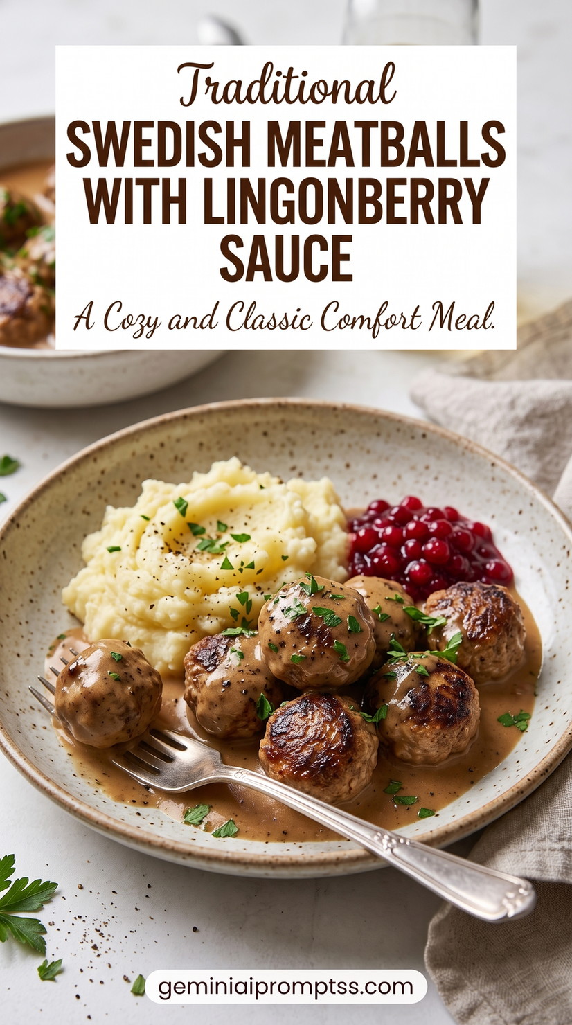Swedish meatballs with lingonberry sauce showing classic cream gravy paired with a bright homemade lingonberry sauce