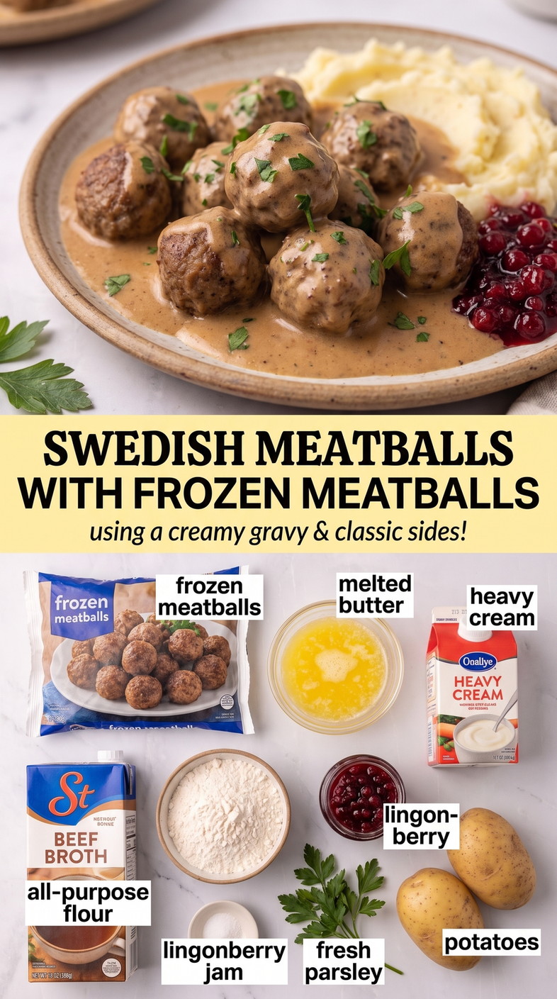 Swedish meatballs with frozen meatballs finished dish made with frozen meatballs, melted butter, and heavy cream
