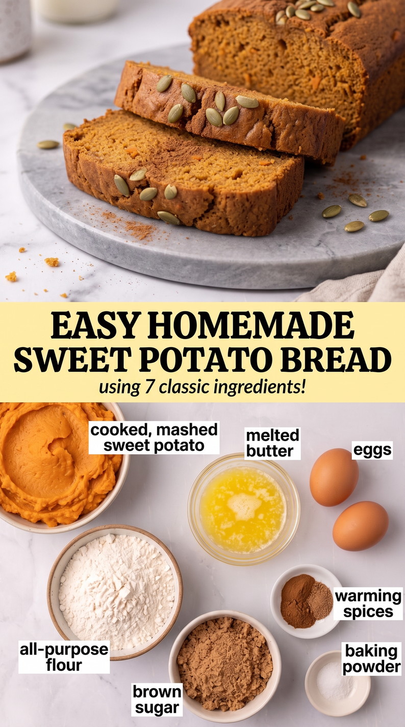 Sweet potato bread recipe finished dish made with cooked mashed sweet potato, melted butter, and eggs