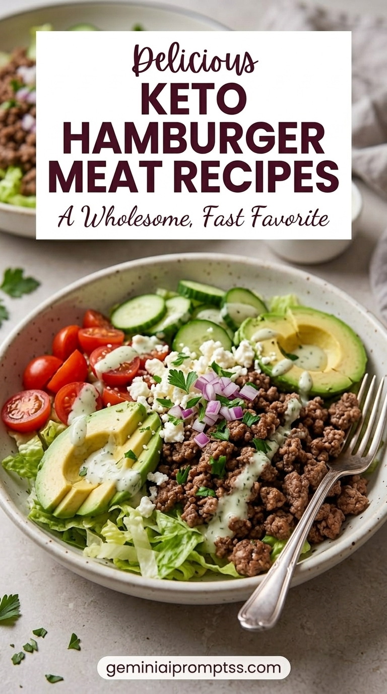 Keto Hamburger Meat Recipes showing a keto hamburger taco salad with lettuce, avocado, cucumber, tomatoes, red onion, crumbly cheese, and creamy dressing