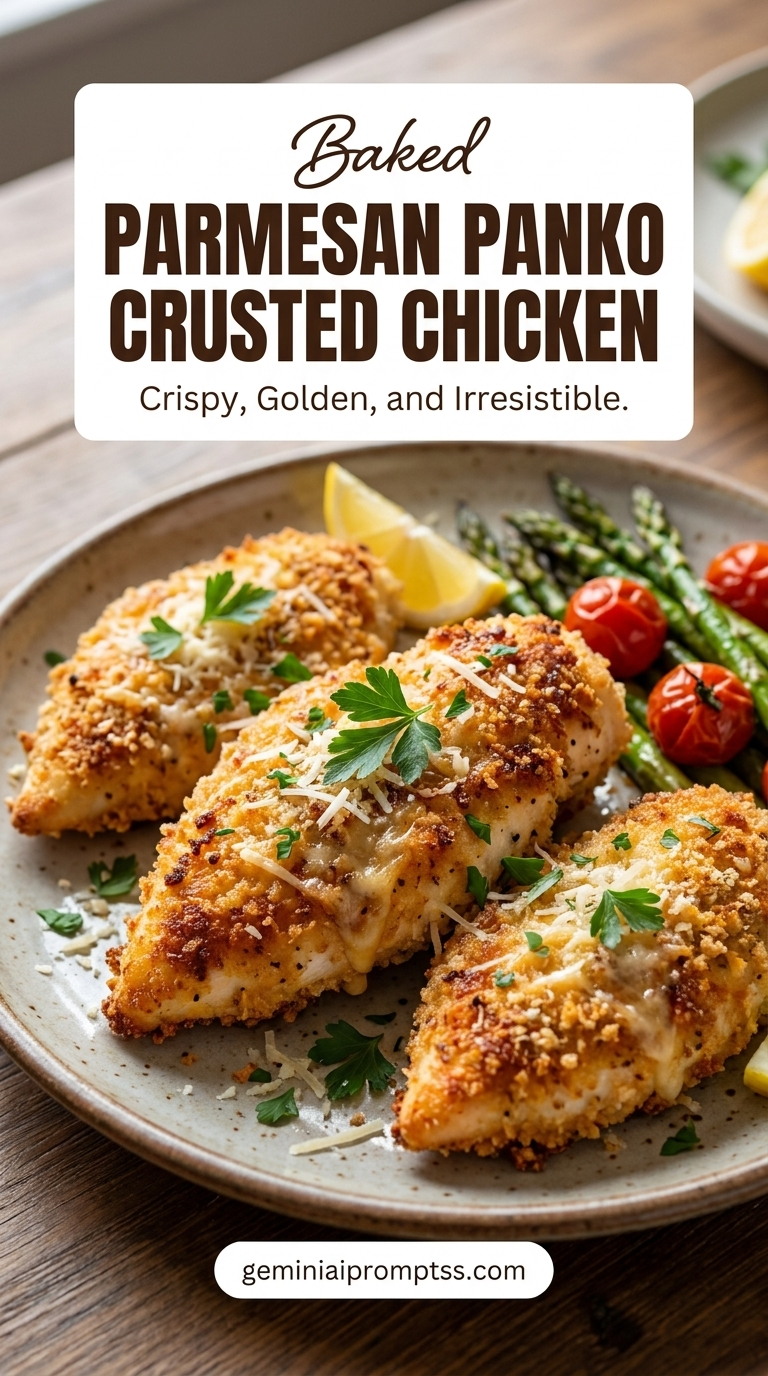 Parmesan Panko Crusted Chicken with golden Parmesan-crusted chicken with a crisp, textured top, a fresh green herb garnish, and a simple vegetable side