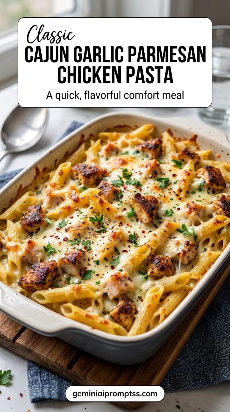 Cajun Garlic Parmesan Chicken Pasta finished recipe with garlic for a warm savory flavor