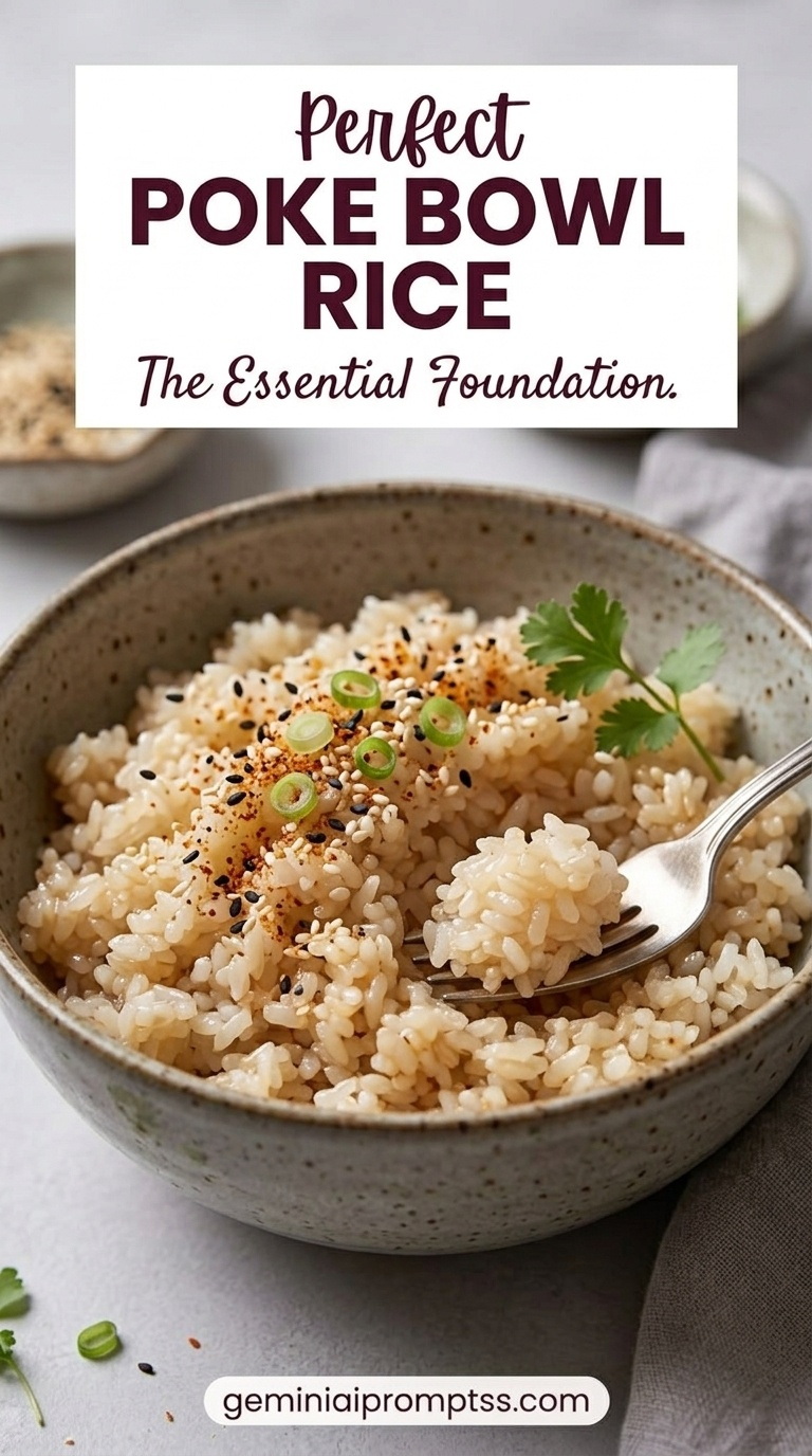 Poke Bowl Rice showing glossy short-grain rice with sesame seeds and green onion