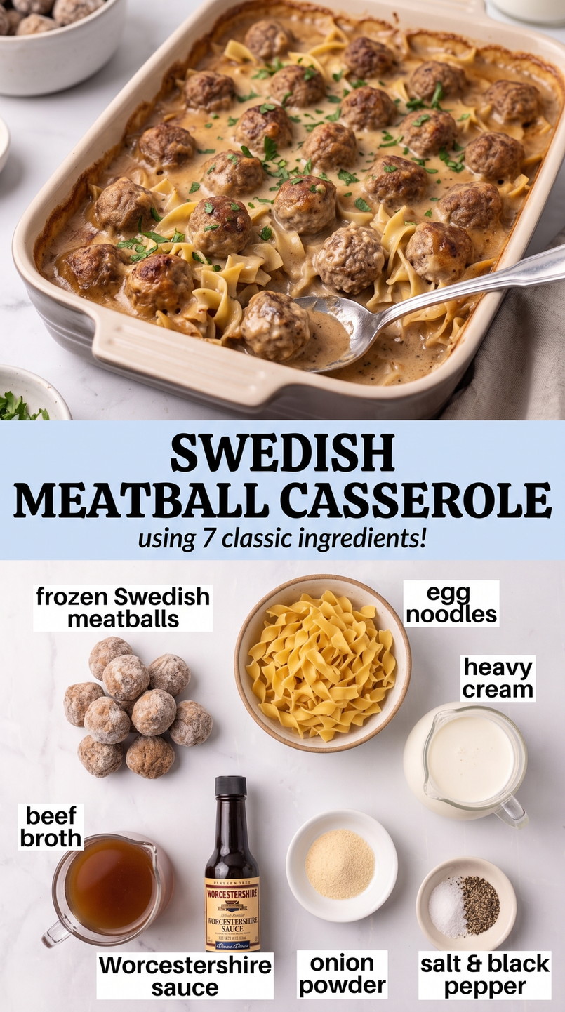 Swedish meatball casserole with frozen meatballs finished dish made with frozen Swedish meatballs, egg noodles, and heavy cream