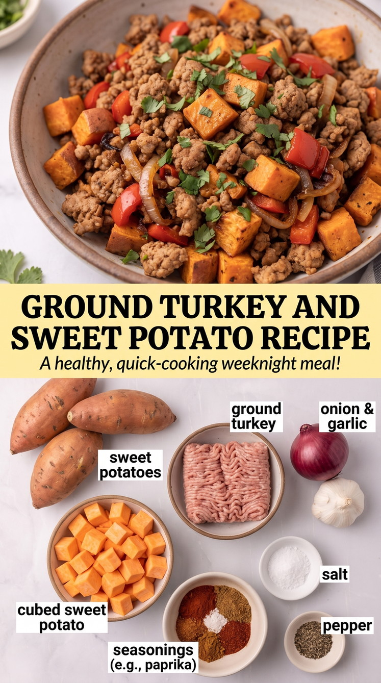 Ground turkey and sweet potato recipe finished dish made with sweet potatoes, ground turkey, and onion