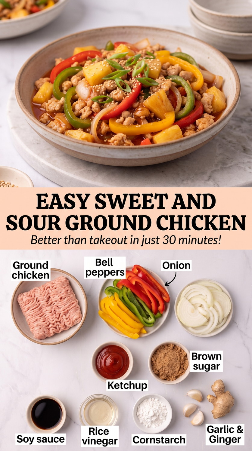 Sweet and sour ground chicken finished dish made with ground chicken, bell peppers, and onion