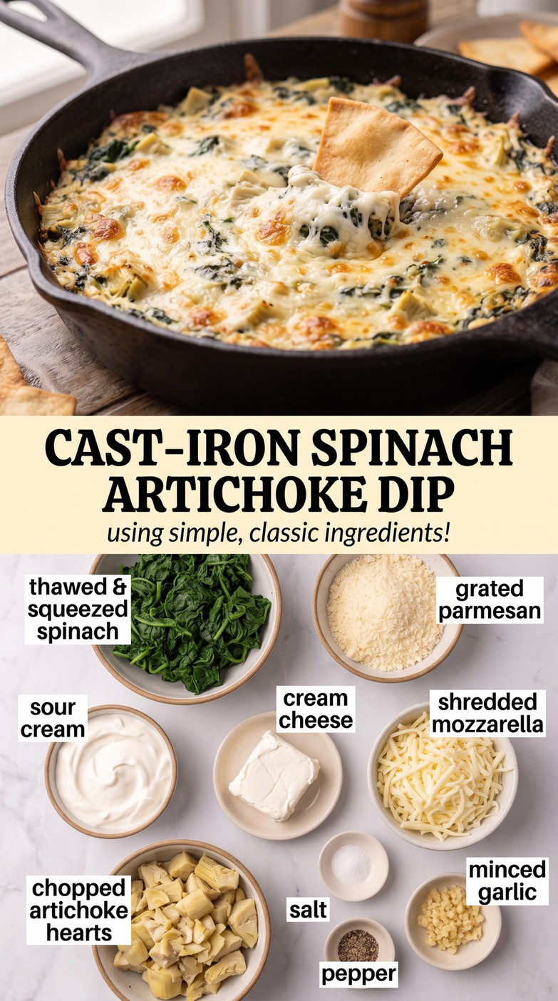 Cast-iron spinach artichoke dip finished dish made with thawed spinach, grated Parmesan, and sour cream