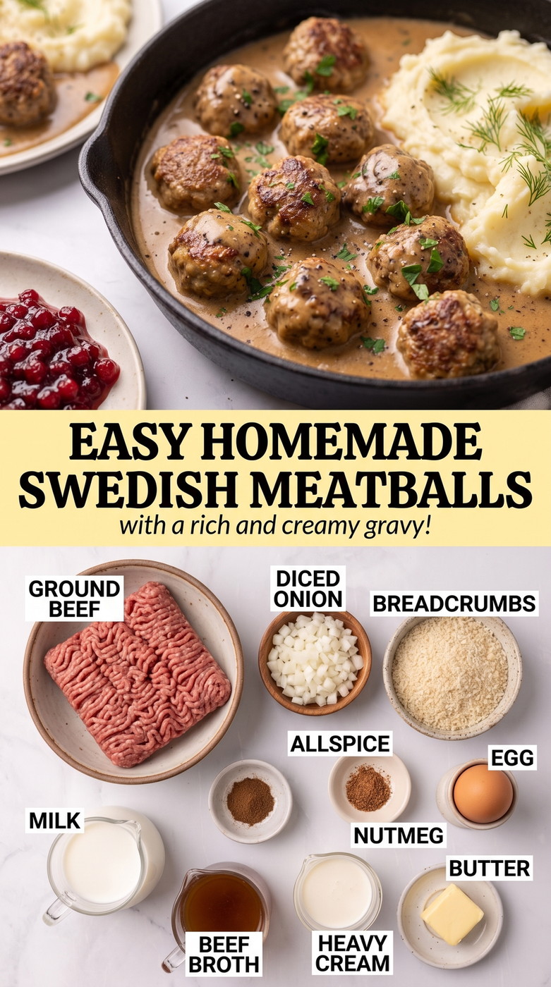 Ground beef Swedish meatballs finished dish made with ground beef, diced onion, and breadcrumbs