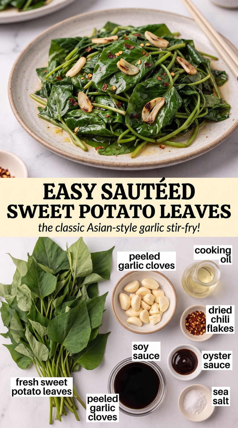 Sweet potato leaves recipe finished dish made with fresh sweet potato leaves, garlic cloves, and cooking oil