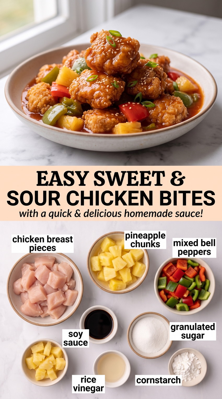 Sweet and sour chicken bites finished dish made with chicken breast pieces, pineapple chunks, and mixed bell peppers