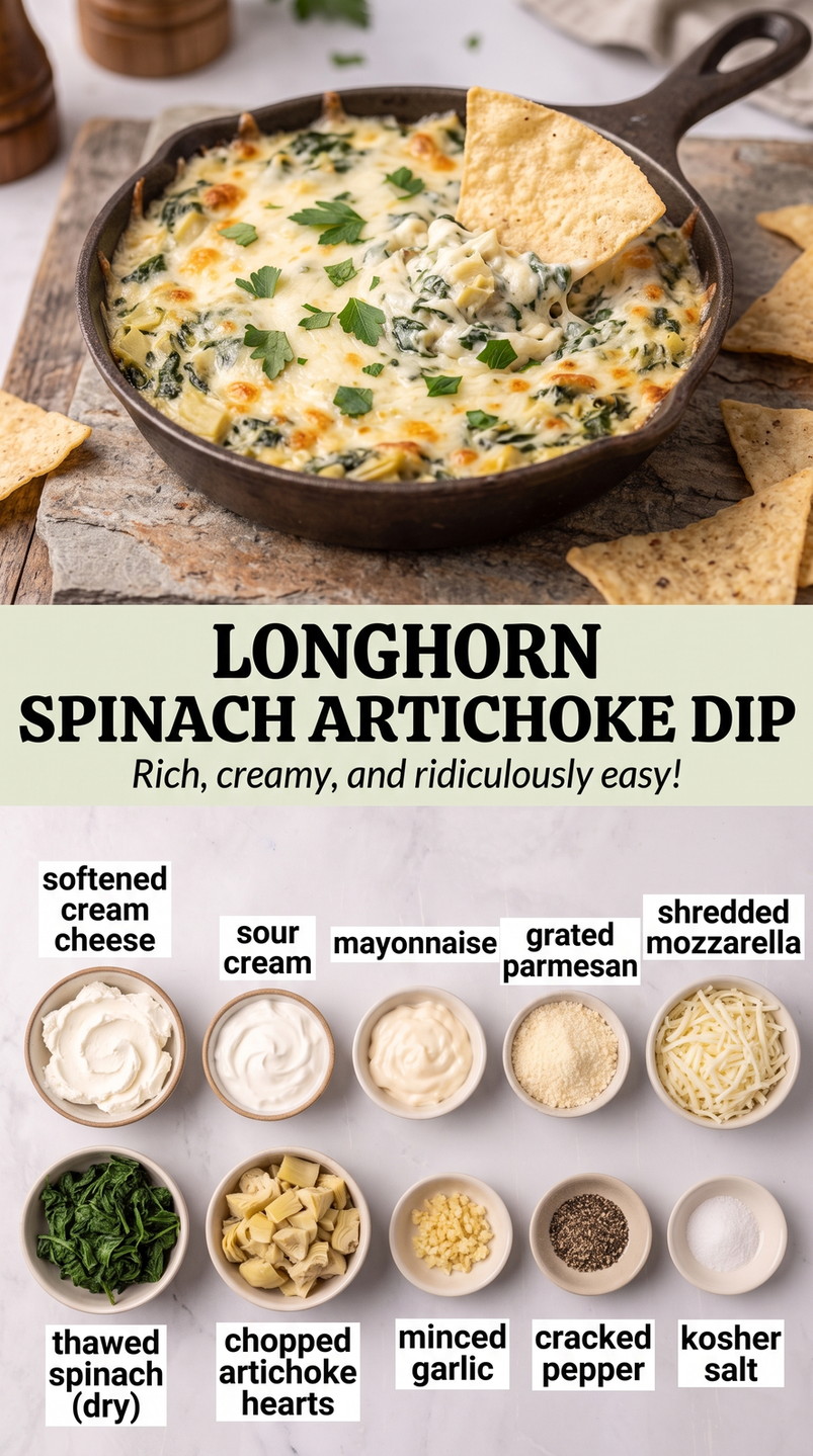 LongHorn spinach artichoke dip finished dish made with softened cream cheese, sour cream, and mayonnaise