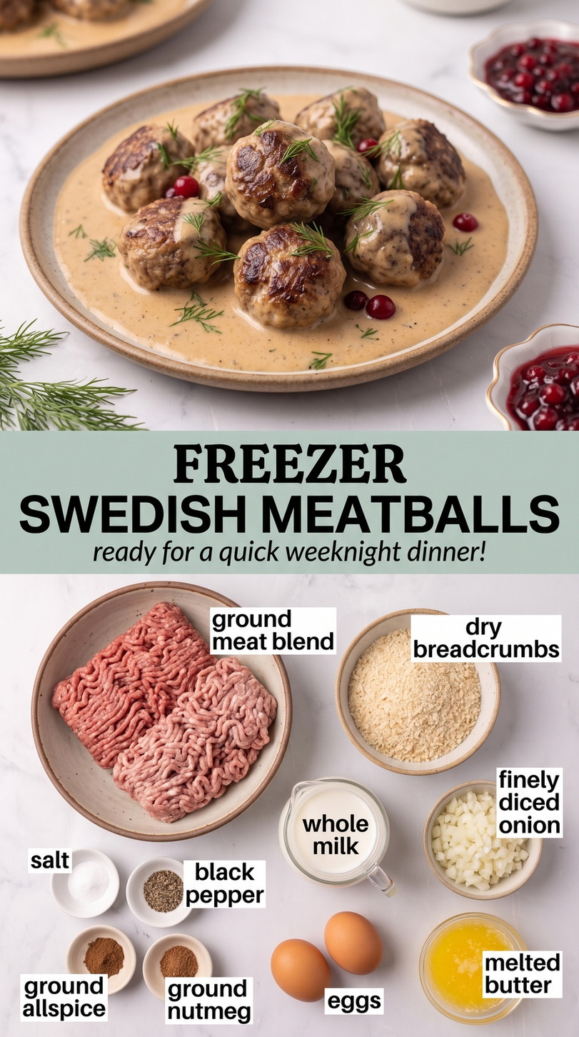 Freezer Swedish meatballs finished dish made with ground meat blend, dry breadcrumbs, and finely diced onion
