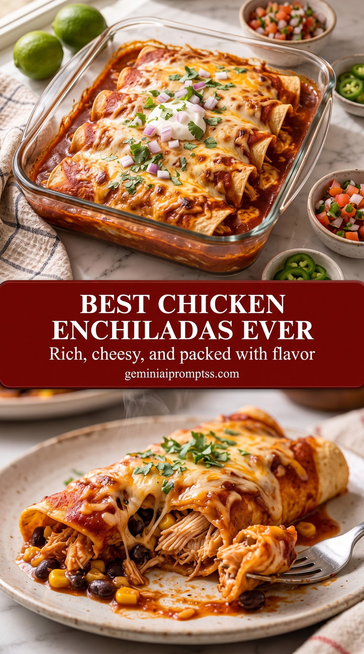 Best Chicken Enchiladas Ever with rolled chicken enchiladas with red sauce, melted cheese, and a fresh green finish