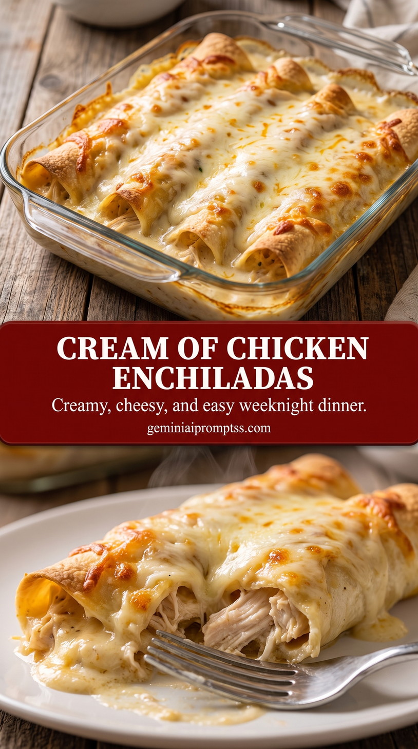 Cream of chicken enchiladas showing baked chicken enchiladas covered with bubbling sauce and melted cheese