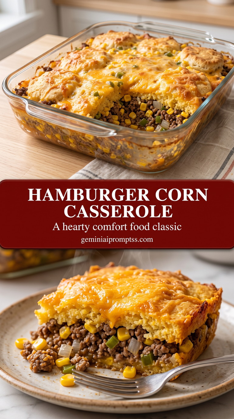 hamburger corn casserole with a ground beef and corn casserole with onion, melted cheddar, and a golden cornbread-style top