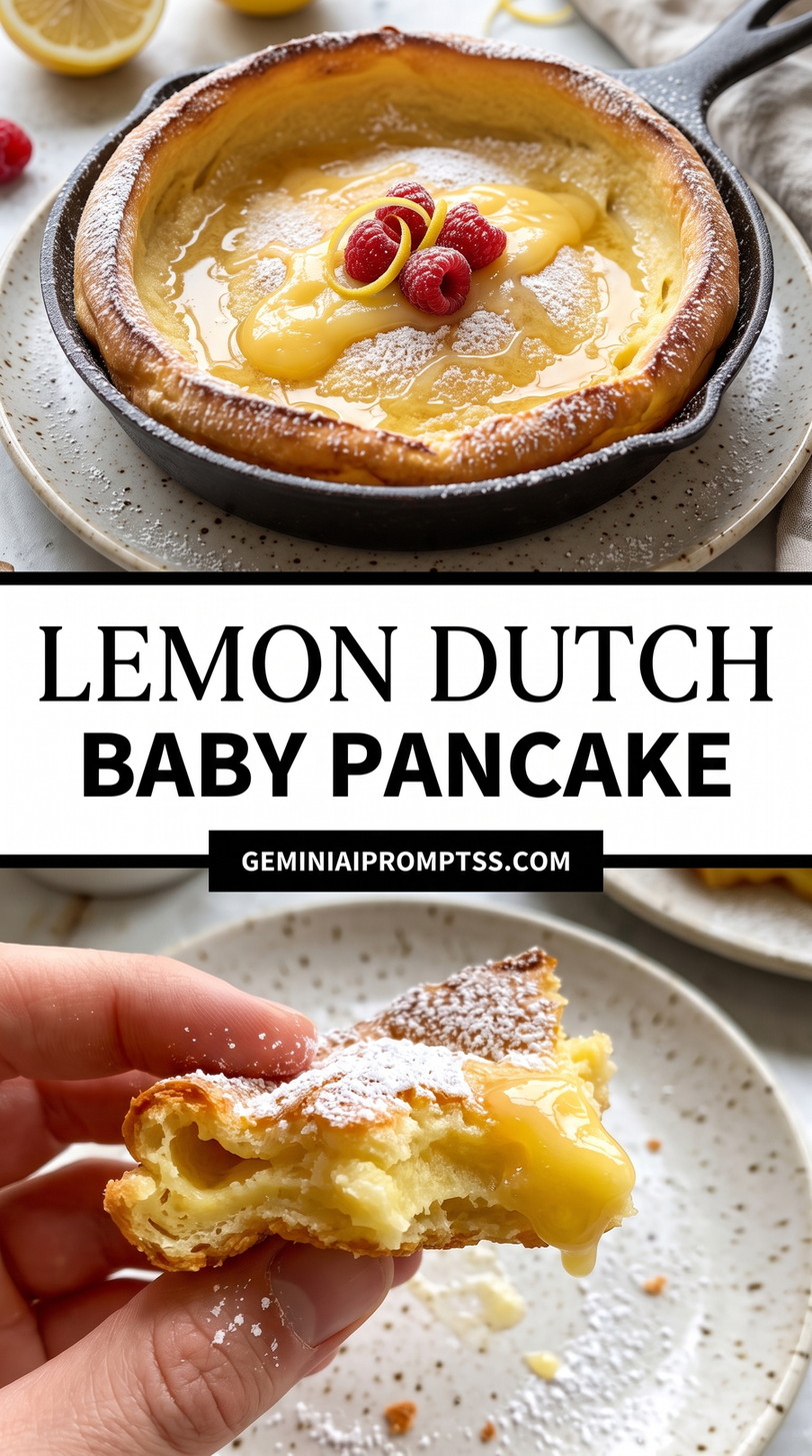 Lemon Dutch Baby Pancake showing plain puffed Dutch baby topped with a thick yellow lemon custard and a few raspberries