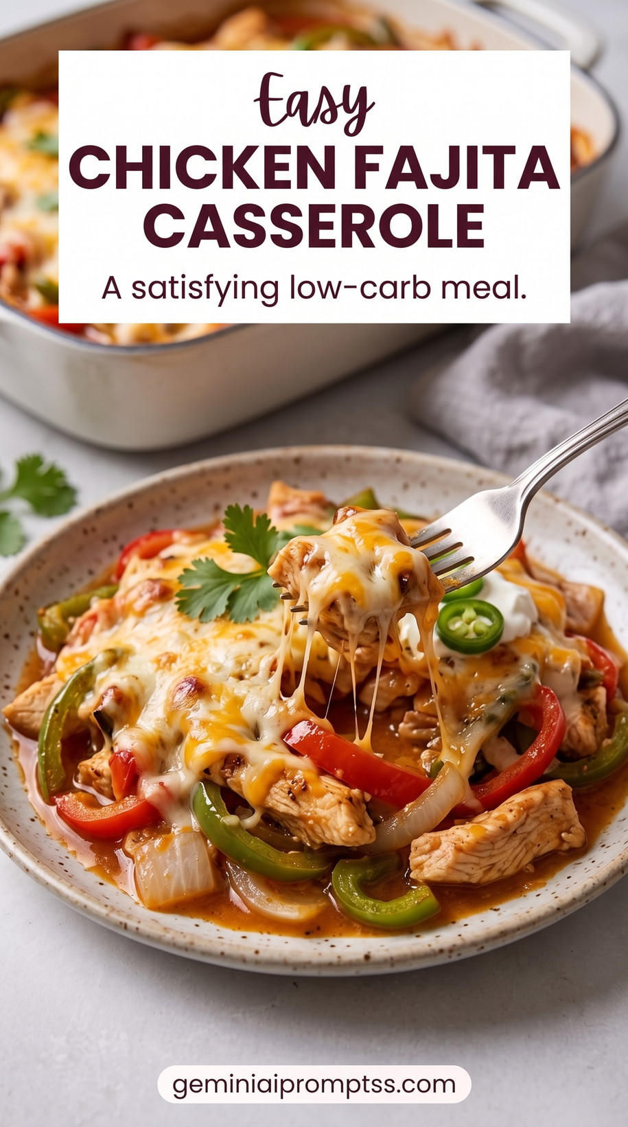 Cheesy Chicken Fajita Casserole with chicken, bell peppers, onion, lime