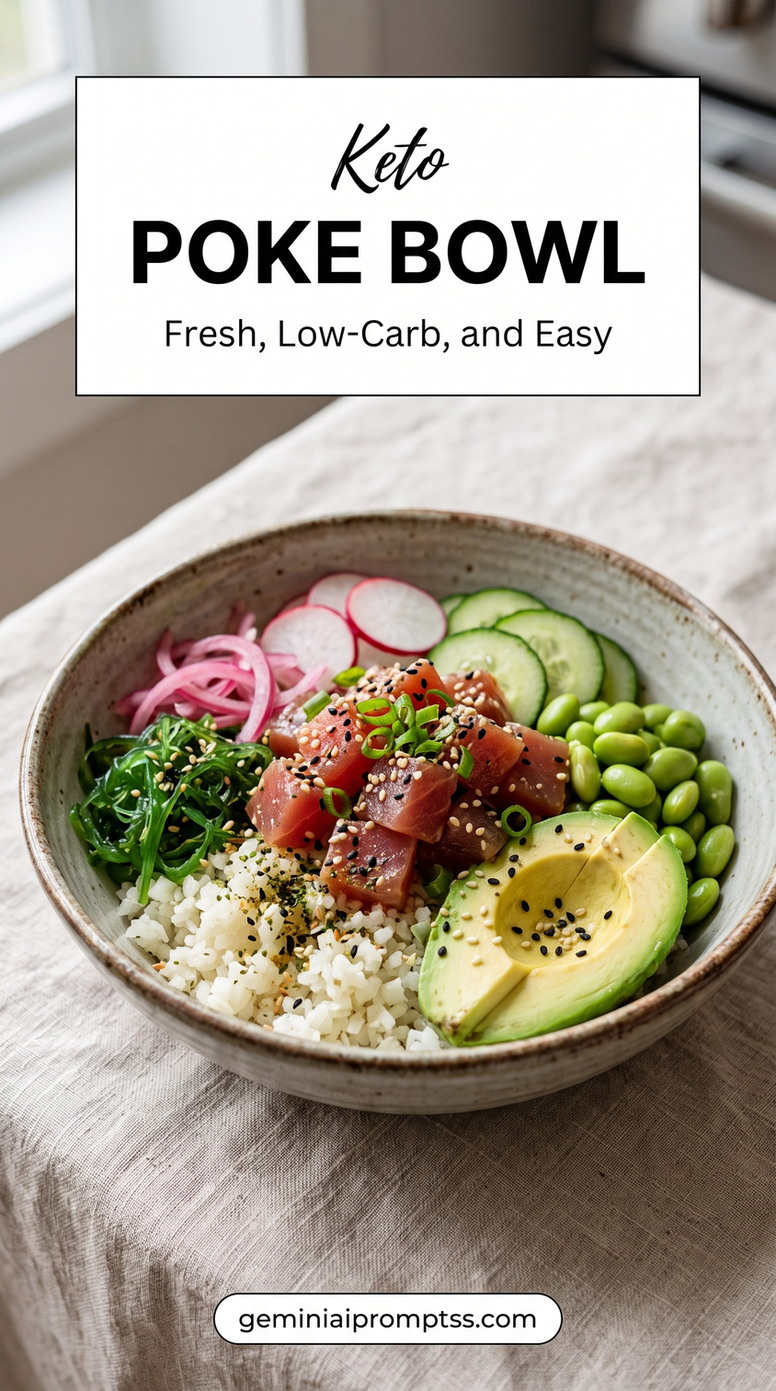 Keto Poke Bowl showing ahi tuna with cauliflower rice, avocado, cucumber, radish, edamame, seaweed, sesame, and scallions