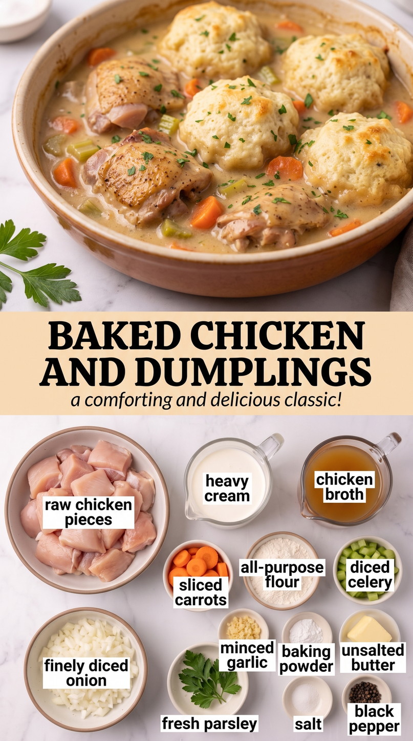 Baked Chicken and Dumplings with baked chicken and dumplings with carrots, celery, creamy gravy, and golden dumplings