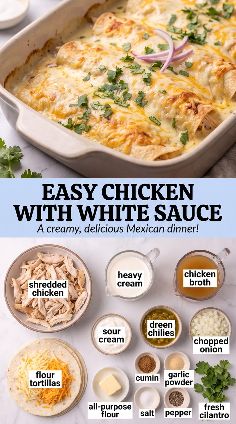 Easy chicken enchiladas with white sauce showing rolled chicken enchiladas covered with sauce and melted cheese