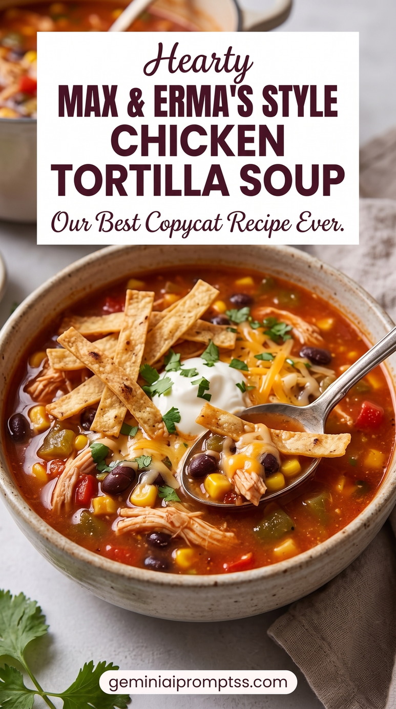 Chicken Tortilla Soup Max Ermas with shredded chicken, tortilla strips, avocado, beans, corn, lime, and a red tomato-chile broth
