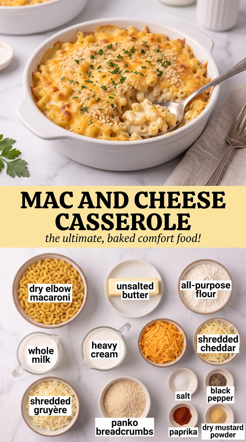 Mac and Cheese Casserole showing creamy macaroni and cheese with cheddar, Gruyere, and a golden breadcrumb topping