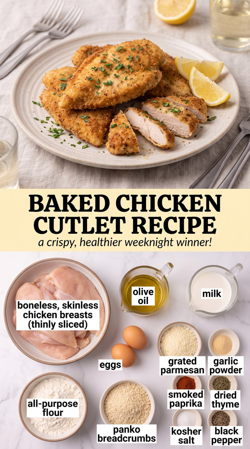 Baked Parmesan Chicken Cutlets prepared as a finished baked chicken cutlet recipe recipe with browned cutlets ready to serve