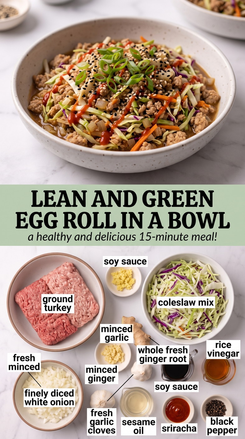 Lean and Green Egg Roll in a Bowl with lean turkey with coleslaw mix, onion, garlic, ginger, soy, rice vinegar, sesame oil, and sriracha
