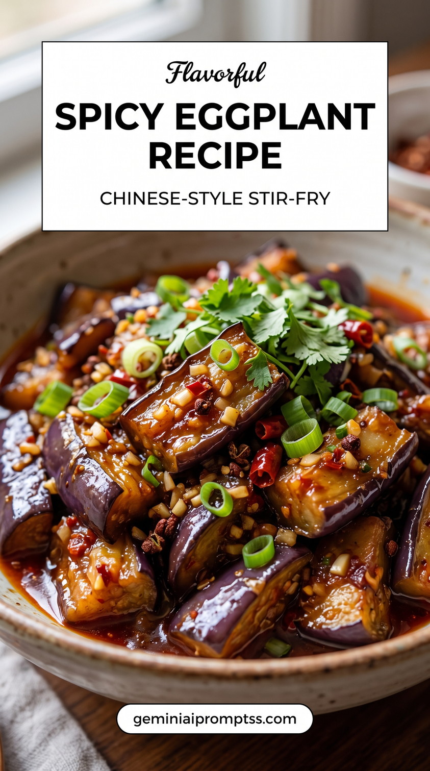 Spicy Chinese Garlic Eggplant showing glossy spicy eggplant in a red-brown sauce with chilies, scallions, and herbs
