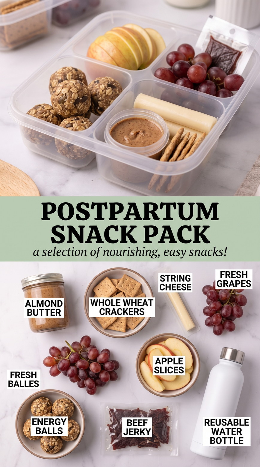 Postpartum Hospital Snacks showing a portable hospital snack box with crackers, cheese, grapes, apple, almond butter, energy bites and jerky