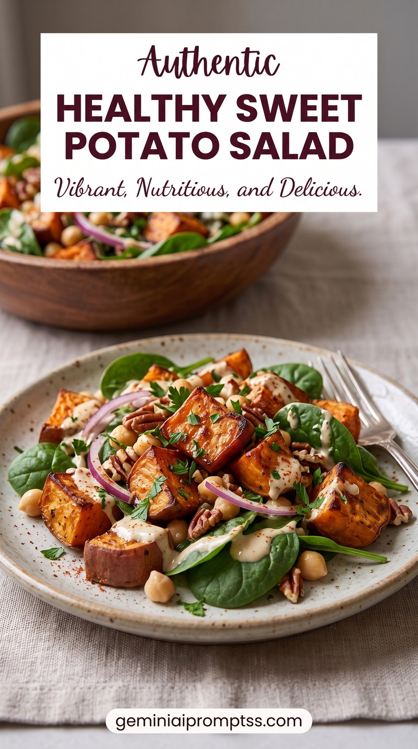 Healthy sweet potato salad recipe showing roasted sweet potato, spinach, chickpeas, red onion, pecans, and a light yogurt dressing