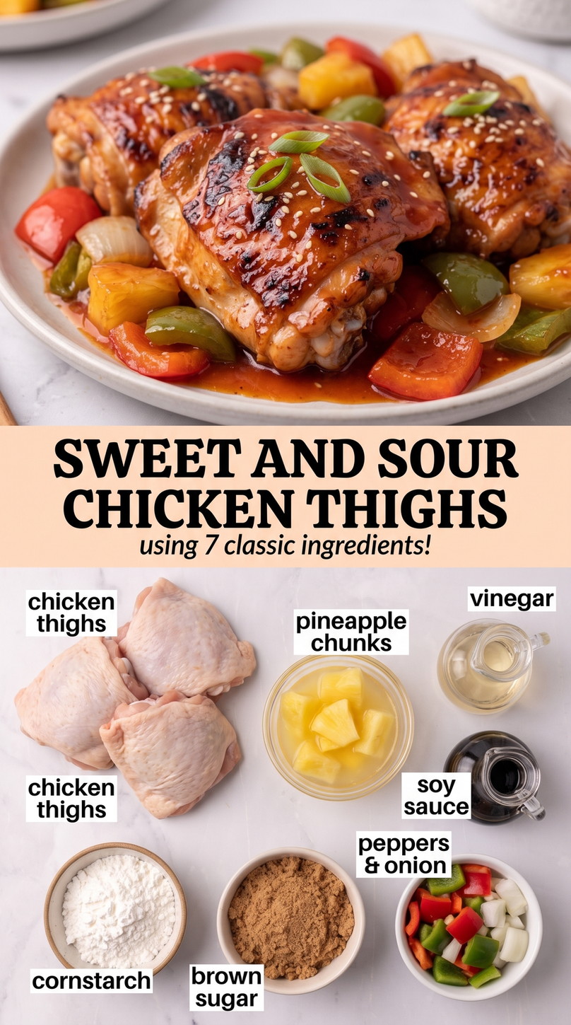 Sweet and sour chicken thighs finished dish made with chicken thighs, pineapple chunks, and vinegar