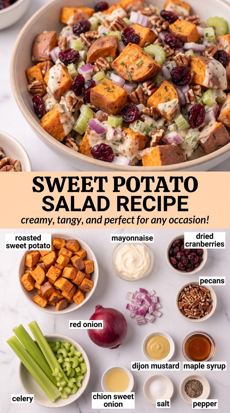 Sweet potato salad recipe finished dish made with roasted sweet potato, mayonnaise, and dried cranberries