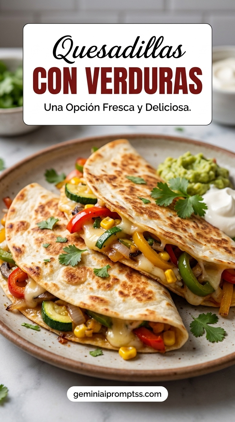 Quesadillas Con Verduras with golden folded tortillas, melted cheese, colorful vegetables, and a fresh green garnish
