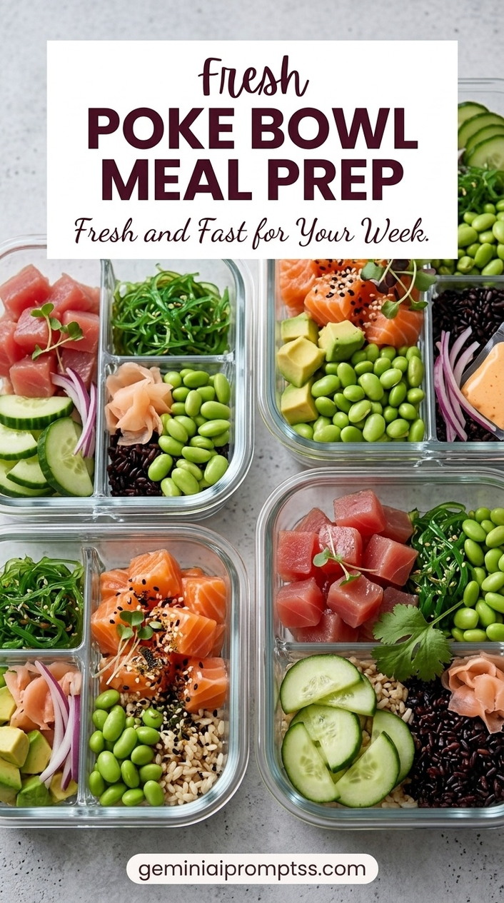 Poke Bowl Meal Prep showing meal-prep containers with cooked salmon, rice, edamame, cucumber, carrots, avocado, sesame, and nori