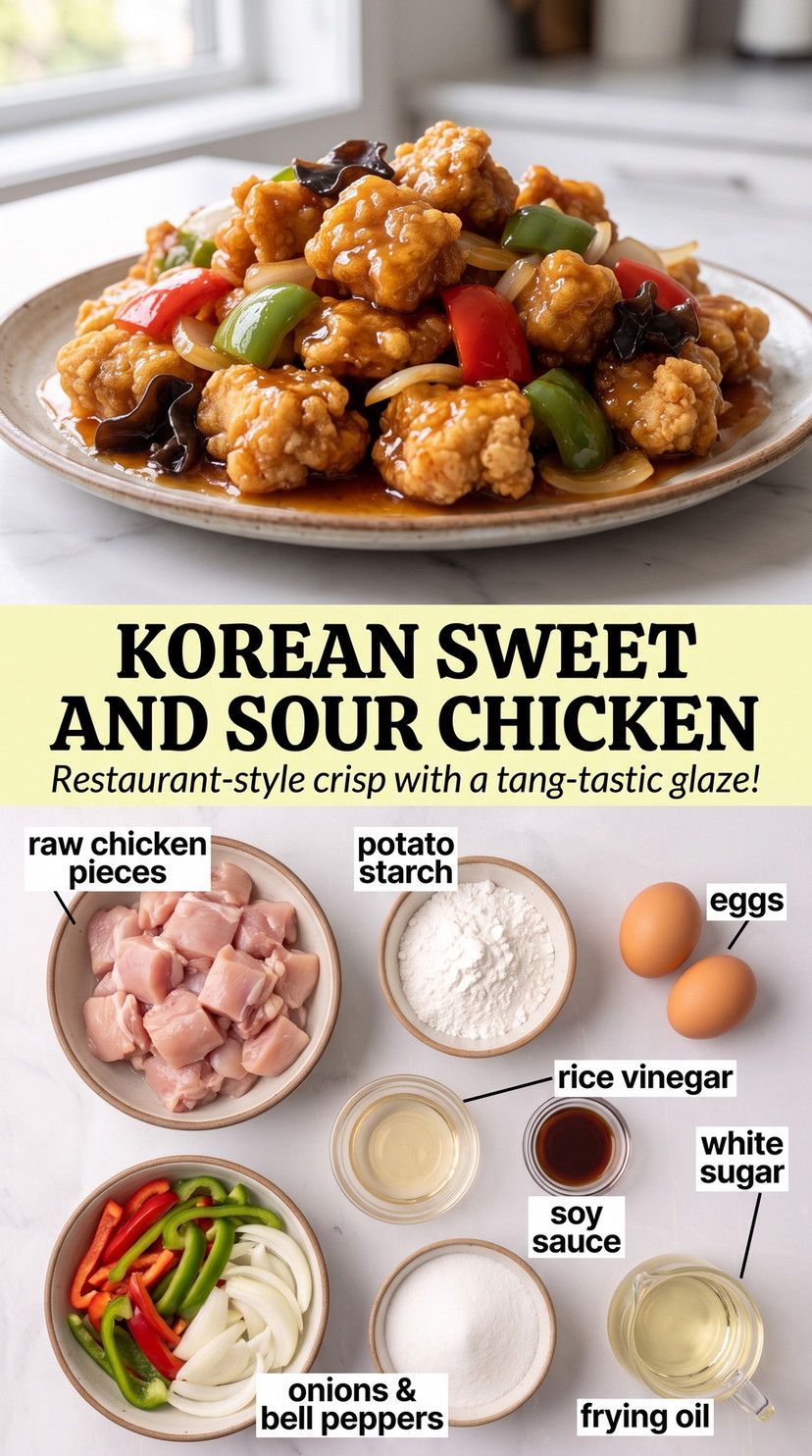 Korean sweet and sour chicken finished dish made with raw chicken pieces, potato starch, and eggs