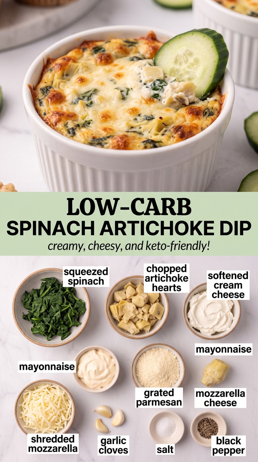 Low-carb spinach artichoke dip finished dish made with squeezed spinach, chopped artichoke hearts, and softened cream cheese